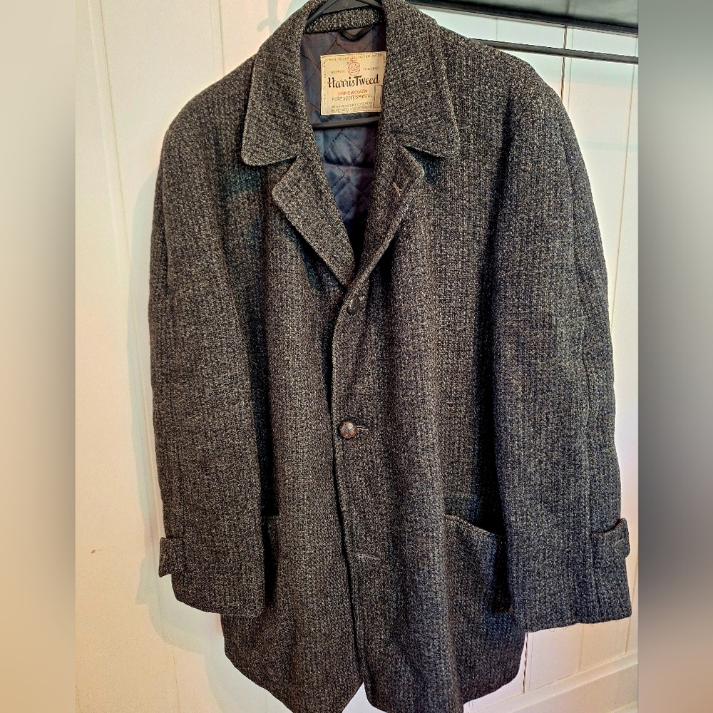 VINTAGE HARRIS TWEED Men's WOOL Pea Coat SCOTTISH size XL HANDMADE VGC